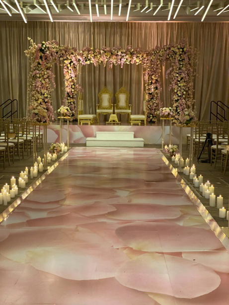 Elegant wedding reception with professional lighting design