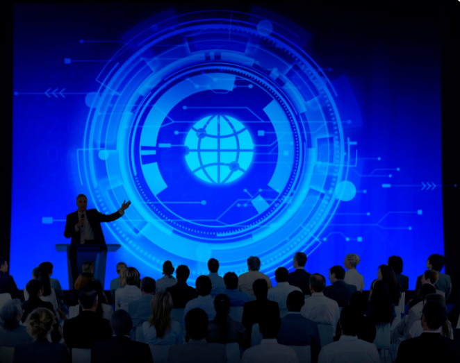 Corporate event stage with LED visuals and immersive brand lighting design